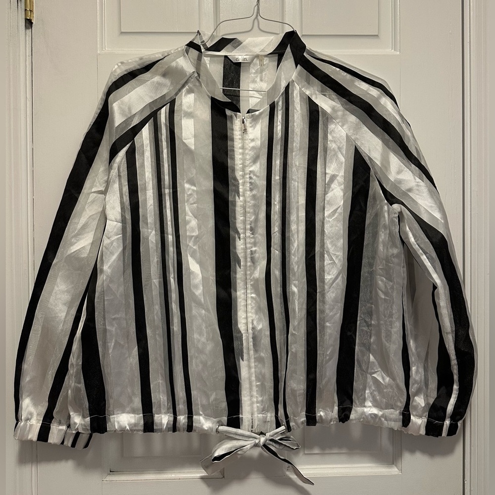 Chic Organza Striped Bomber Jacket Black White Zip Front Lightweight Women’s XL
